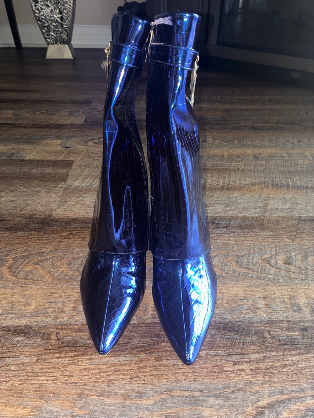 Fashion Nova Blue Croc-Embossed Pointed-Toe Heeled Boots with Gold Lock - Picture 2 of 6